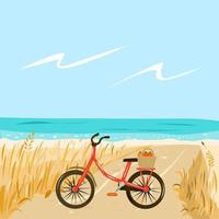 bicicleta vermelha na praia perto do mar vetor