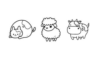 gatinho gordo fofo, ovelhas e ilustração de vaca. amigável coleção de desenhos animados de animais engraçados. desenho animal incolor isolado no fundo branco em desenho vetorial. vetor