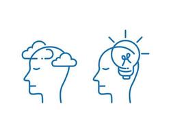 conjunto de ícones de mente humana em estilo delgado de contorno. uma mente clara e pensamento. o design de atributos da psicologia da saúde mental. ilustração em vetor logotipo simples e moderno.