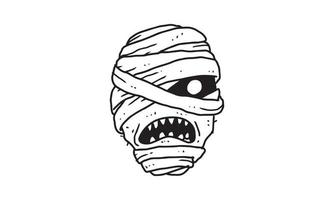 cabeça de múmia com raiva assustadora isolada no fundo branco. delineado desenho animado de assustador, gótico, ícone de morte para tatuagem, pôster, tema de halloween, etc. vetor