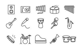 a coleção de ícones de linhas de traço editáveis relacionada a coisas de instrumentos musicais. uma guitarra, piano, djembe, etc. que seja adequado para ser usado como design de elemento ui ux. vetor