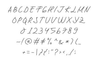 mão escrever fonte em vetor de design gráfico. letras maiúsculas e alfabeto regular, numérico e ilustração de letras de símbolos para livro, nota, revista, cartaz, etc. tipografia manuscrita moderna.