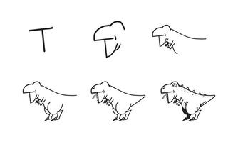 como desenhar um lindo t rex passo a passo. atividade fácil e divertida para o desenvolvimento e a criatividade das crianças. tutorial de desenho de animais e objetos da série do alfabeto em ilustração vetorial. vetor