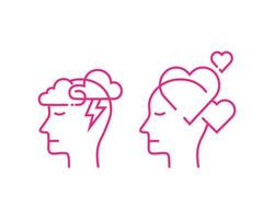 conjunto de ícones de mente humana em estilo delgado de contorno. estressado e amoroso. o design de atributos da psicologia da saúde mental. ilustração em vetor logotipo simples e moderno.