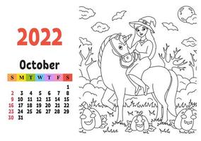 calendário para 2022 com um personagem fofo. unicórnio de fada. página para colorir. divertido e design brilhante. ilustração isolada do vetor da cor. estilo dos desenhos animados.
