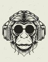 ilustração vetorial macaco fones de ouvido cabeça estilo monocromático vetor