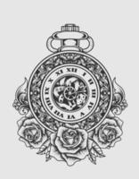 ilustração vetorial relógio antigo com flor rosa