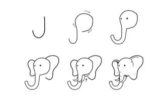 como desenhar um elefante fofo passo a passo. atividade fácil e divertida para o desenvolvimento e a criatividade das crianças. tutorial de desenho de animais e objetos da série do alfabeto em ilustração vetorial. vetor