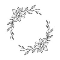 uma ilustração de mão desenhada de guirlanda floral. uma bela moldura decorativa para convite de casamento e letras. um vetor vintage com ornamento de flores e folhas.
