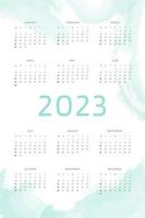 Modelo de calendário 2023 em fundo desenhado de mão azul menta com pinceladas de aquarela. design de calendário para impressão e digital. semana começa no domingo vetor