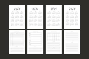 2022 2023 2024 2025 calendário e modelo de diário de planejador pessoal mensal, semanal, diário. calendário mensal cronograma individual design minimalista para notebook de negócios vetor