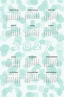 Modelo de calendário 2027. formato vertical verde azulado fundo abstrato azul com mancha blob de mão desenhada. design de calendário para impressão e digital. semana começa no domingo vetor