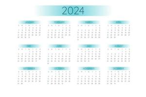 Modelo de calendário de bolso 2024 em estilo minimalista estrito com elementos gradientes de cor menta, formato horizontal. semana começa no domingo vetor