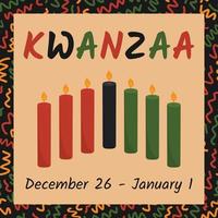 cartão de felicitações para modelo de postagem de mídia social para kwanzaa - feriado da herança afro-americana nos EUA com sete velas tradicionais com data e padrão em cores africanas - vermelho, amarelo, verde vetor