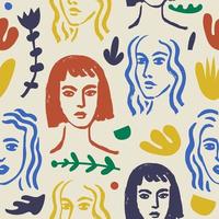 vetor mulher arte sem costura padrão, plano de fundo. matisse inspirou retratos contemporâneos desenhados à mão, flores e formas abstratas para decoração de arte de parede de impressão, estilo retro.