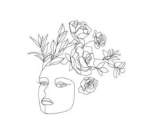 ilustração em vetor mulher rosto linha arte, logotipo com flores e folhas, conceito de natureza feminina. use para impressões, tatuagens, cartazes, têxteis, logotipos, cartões, etc. monoline, linha contínua.