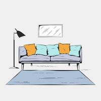 interior colorido, desenho à mão, sofá com abajur vetor