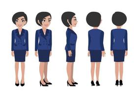 personagem de desenho animado com mulher de negócios. frente, lado, costas, 3-4 modos de exibição de personagem animado. ilustração vetorial plana. vetor
