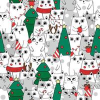 Natal sem costura padrão fundo gatinhos fofos na neve para o inverno. estilo doodle vetor