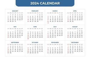 Modelo de calendário 2024, simples e fácil de usar vetor