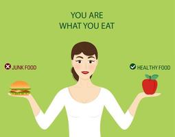 conceito de comida você é o que come.escolha entre comida saudável e junk food.mulher bonita escolhe entre uma maçã e um hambúrguer. vetor, estilo cartoon vetor