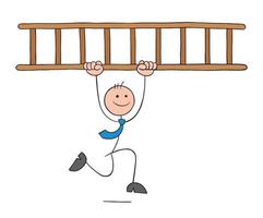 empresário stickman carregando escada de madeira e correndo, ilustração em vetor contorno desenhado à mão