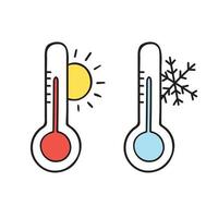 termômetros com sol e floco de neve. estilo de desenho do doodle. mão desenhada ilustração vetorial, isolada no fundo branco. vetor