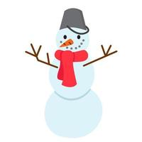 boneco de neve engraçado dos desenhos animados com cachecol e balde na cabeça. ilustração em vetor gira em estilo simples. impressão de férias de Natal e inverno. ilustração para cartões, roupas, adesivos, design sazonal e decoração