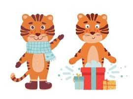 conjunto de giro em pé, tigre sentado, filhote de tigre com listras marrons, símbolo do novo ano de 2022 em fundo branco. ilustração vetorial para cartão postal, banner, web, decoração, design, artes, calendário. vetor