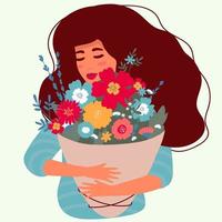 linda garota segurando um buquê de flores. você é um título tão bonito. ilustração de férias de primavera para seu projeto vetor