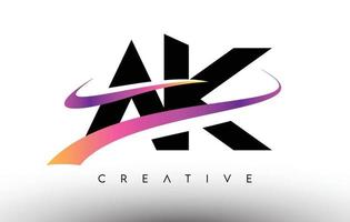 ícone de design de carta de logotipo ak. letras ak com linhas coloridas de swoosh criativo vetor