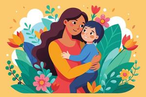 uma mãe com amor abraços dela jovem filho no meio uma colorida pano de fundo do florescendo flores e exuberante folhagem, simbolizando a beleza e calor do seus ligação. vetor