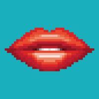 lábio vermelho, pixel 8 bits, estilo de arte, design de boca de mulher. ilustração vetorial vetor