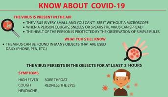 sintomas da doença coronavírus e prevenção contra vírus e infecção. personagem tem febre, tosse e outros sinais de doença respiratória. menino usar máscara médica e tecido. ilustração vetorial plana. vetor