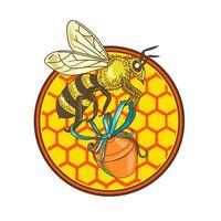 abelha carregando o círculo da colmeia do pote de mel vetor