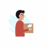 um jovem carrega um pacote para o correio. conceito de entrega de encomendas, logística e mailings vetor