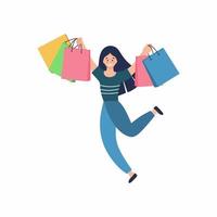 garota feliz com as compras. uma mulher com sacolas sai correndo da loja. conceito de fazer compras em um supermercado. loja online de roupas femininas. vetor