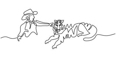 desenho de linha contínua de cowboy e grande tigre vetor