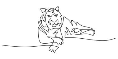 desenho de linha contínua de um grande tigre relaxante vetor