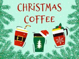 três xícaras de café no fundo de galhos de pinheiro. banner de natal. ilustração do vetor isolada.