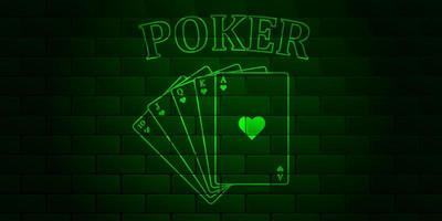 parede de tijolo verde escuro com texto brilhante poker e royal flush de naipe de copas. ilustração vetorial. vetor
