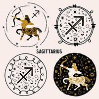 Sagitário. signo do zodíaco. o centauro atira um arco. conjunto de emblemas de vetor.