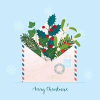 envelope de Natal com diferentes plantas de Natal - visco, baga de azevinho, pinho, Hera, teixo. ilustração vetorial fofa, modelo de cartão de felicitações, pôster vetor