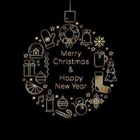 Feliz Natal e feliz ano novo cartão dourado de luxo ou banner com ilustração em vetor de bola de Natal com ícones de Natal.