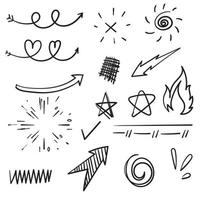 doodle conjunto de elementos, preto sobre fundo branco. flecha, coração, amor, estrela, folha, sol, luz, marcas de seleção, vibrações, swoops, ênfase, redemoinho, estilo de desenho animado do coração vetor