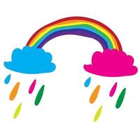 doodle fofo vetor arco-íris com nuvens de chuva