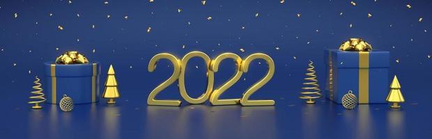 feliz ano novo de 2022. Números metálicos dourados 3D 2022 com caixas de presente, pinho em forma de cone metálico dourado, abetos, bolas, confetes sobre fundo azul. banner de natal, cabeçalho, rodapé. ilustração vetorial. vetor