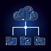 nuvem e arquivos com circuito eletrônico. fundo azul e gradiente. conceito de upload ou download para a nuvem. computação em nuvem. vetor