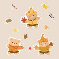 vetor - lindo conjunto de ursinho de pelúcia segurando folhas de abóbora e plátano. outono, outono. clip-art. pode ser usado para decorar qualquer cartão, web, impressão, papel, adesivo.