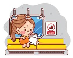 linda garota no metrô, transporte de trem, mão desenhada cartoon arte ilustração vetor